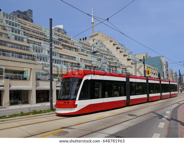 TORONTO - MAY 2017:  \
Streetcars or trams are a major form of public transit, with\
dedicated rights of way to allow them to move faster without\
interference from cars.