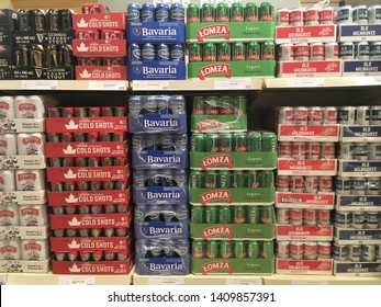 TORONTO - MAY 26, 2019: Beer On A Retail Liquor Store Shelf, Neatly Organized And Colorful. International Selection Including Examples From Polish, American, Canadian, Irish And Dutch Beers.