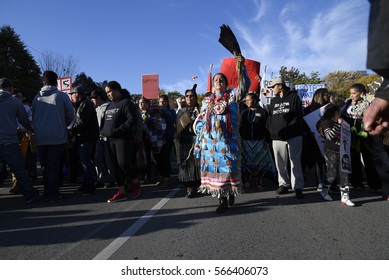 TORONTO - NOVEMBER 5: An Indigenous Community Member Leading A March During A Solidarity Rally With The Dakota Access Pipeline Protesters On November 5, 2016 In Toronto, Canada.