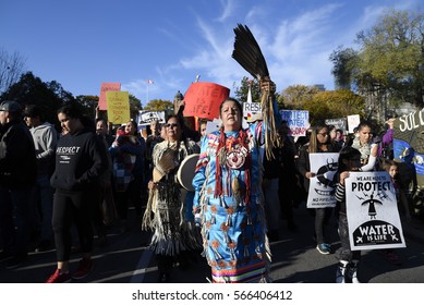 TORONTO - NOVEMBER 5: An Indigenous Community Member Leading A March During A Solidarity Rally With The Dakota Access Pipeline Protesters On November 5, 2016 In Toronto, Canada.