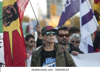 TORONTO - NOVEMBER 5: Indigenous Community Members Chanting Slogans  During A Solidarity Rally With The Dakota Access Pipeline Protesters On November 5, 2016 In Toronto, Canada.