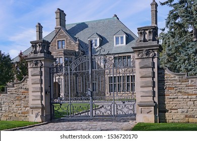 TORONTO - OCTOBER, 2019: This Gated Stone Mansion Set A Record Selling Price When It Was Purchased By A Billionaire.