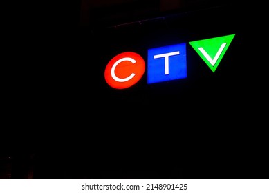 Toronto, ON, Canada – January 2, 2022:  CTV sign on the building in Toronto. The CTV Television Network is a Canadian English-language terrestrial television network.