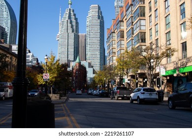 Toronto, ON, Canada - October 22, 2022: The Famous Toronto Skyline Of Front Street Is Seen In The Early Morning, Looking Down The Street At The Famous Gooderham Building On A Blue Sky Fall Day.