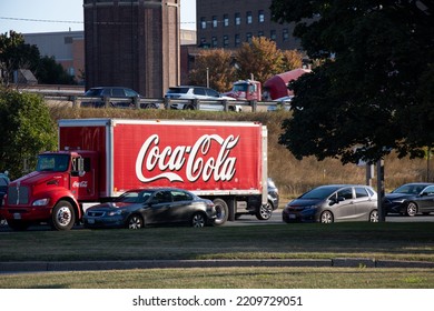 Toronto, ON, Canada - September 15, 2022: A Red, Branded Coca-Cola Delivery Truck Is Seen In Downtown Toronto Traffic On A Sunny Morning.