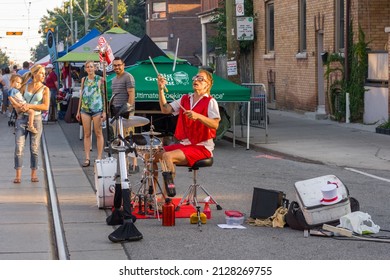 Toronto, Ontario 09.10.2019 - Street Performance On Festival - The Busker Drummer Play With Sticks. Holidays Summer Time