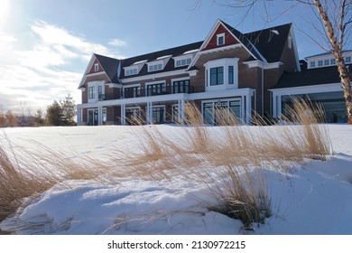Toronto, Ontario  Canada, 02122022: Golf club exterior in the winter landscape.  Deep snow and windy. 
