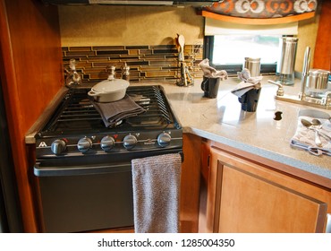 Toronto, Ontario, Canada - 3 July 2015: Camping Van Interior Cabin. RV Kitchen Interior