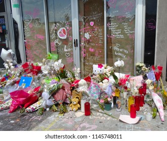Toronto, Ontario, Canada - 7/25/2018: Memorial sites, vigils and walks along Danforth Avenue in Toronto to remember those killed or injured in mass shooting (22 July 2018).