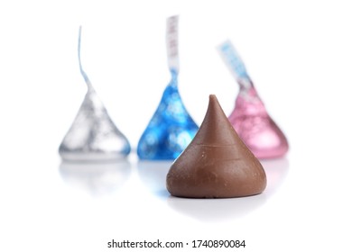 TORONTO, ONTARIO, CANADA – April 26, 2020: Hershey's Kisses is a brand of chocolate first produced by The Hershey Company in 1907. The bite-sized pieces of chocolate have a distinctive shape.