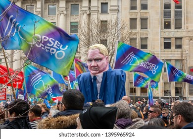 Toronto, Ontario / Canada - April 30, 2019: A Protester Wore A Doug Ford Costume To Fight Against Doug Ford's Changes To Ontario Health Care.