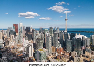 Toronto, Ontario, Canada, Daytime Aerial View Of Toronto Cityscape Including Architectural Landmark CN Tower And High Rise Buildings In The Financial District.