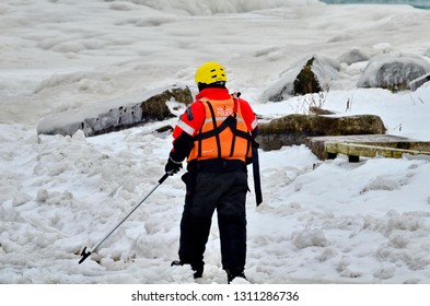 Toronto, Ontario, Canada, February 3, 2019: Toronto Police Search The Ice At Bluffers Park In Response To A Report Of A Missing Person. 