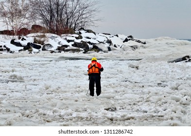 Toronto, Ontario, Canada, February 3, 2019: Toronto Police Search The Ice At Bluffers Park In Response To A Report Of A Missing Person. 