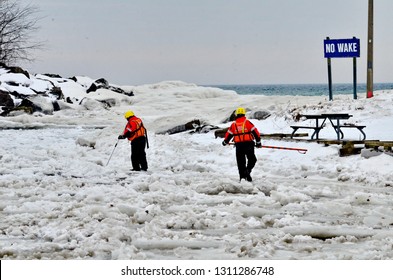 Toronto, Ontario, Canada, February 3, 2019: Toronto Police Search The Ice At Bluffers Park In Response To A Report Of A Missing Person. 