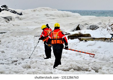 Toronto, Ontario, Canada, February 3, 2019: Toronto Police Search The Ice At Bluffers Park In Response To A Report Of A Missing Person. 