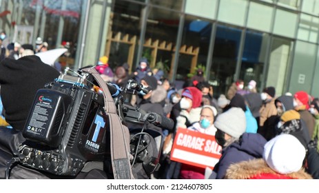 Toronto, Ontario, Canada - February 5 2022: Film Crew Freedom Convoy Counter Protest