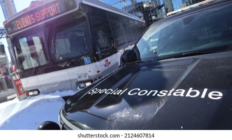 Toronto, Ontario, Canada - February 5 2022: Special Constable Event Vehicles Freedom Convoy Counter Protest