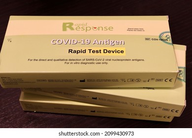 Toronto, Ontario, Canada - January 1, 2022: In High Demand COVID-19 Antigen Rapid Test Kits By Rapid Response, Includes Five (5) Tests Per Package.