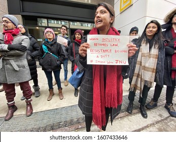 TORONTO, ONTARIO, CANADA - January 6, 2020: Protestors Hold Placards And Shout Slogans Regarding Students Who Are Said To Have Been Injured At The Jawaharlal Nehru University (JNU) In Delhi, India.