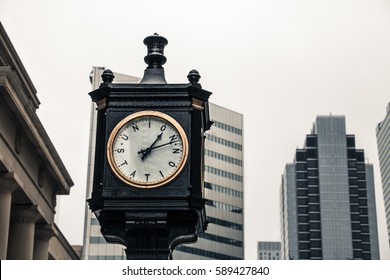 TORONTO, ONTARIO, CANADA - JANUARY 9 2016: Union Station Clock Outside Union Subway Station In Toronto