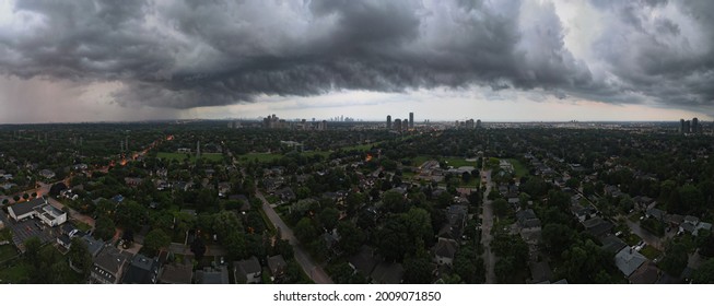 Toronto, Ontario, Canada - Jul 15, 2021: Aerial Panorama Of Heavy Dark Thunder Rain Hail Storm Clouds Low Over A City. Severe, Active Weather Concept.