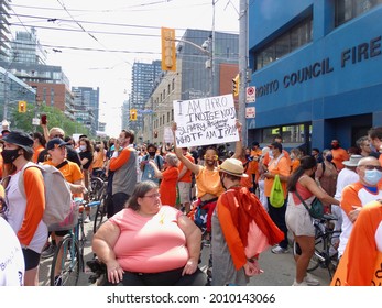 Toronto, Ontario, Canada - July 1 2021: People Gathered Outside Of Toronto Council Fire To Walk In Solidarity With Indigenous Community Members To Every Child Matters                              