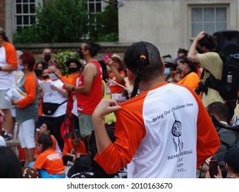 Toronto, Ontario, Canada - July 1 2021: Indigenous Man Wearing Bring Our Children Home Shirt At Every Child Matters Event                              