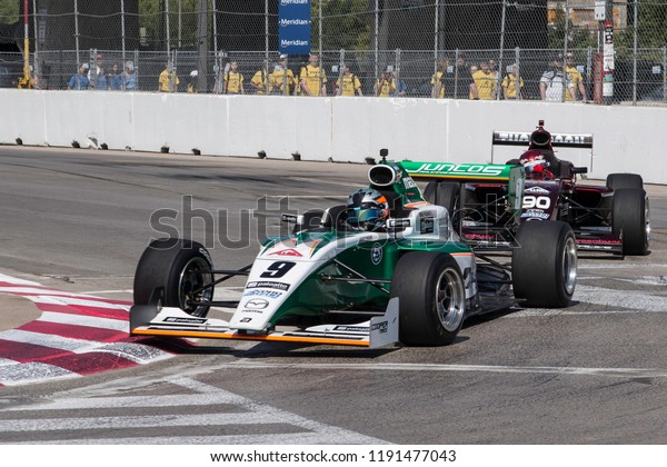 Toronto, Ontario, Canada - July 13\
2018: Robert Megennis leads Parker Thompson into Turn 8 in practice\
for the Pro-Mazda Grand Prix race at Exhibition\
Place