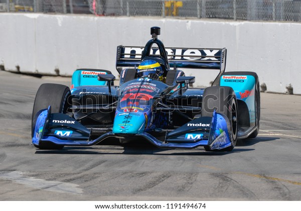Toronto, Ontario, Canada - July 13 2018: Sebastien\
Bourdais entering Turn 8 during practice for the Honda Indy at\
Exhibition Place
