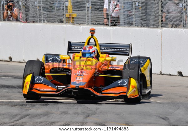 Toronto,\
Ontario, Canada - July 13 2018: Zach Veach entering Turn 8 during\
practice for the Honda Indy at Exhibition\
Place