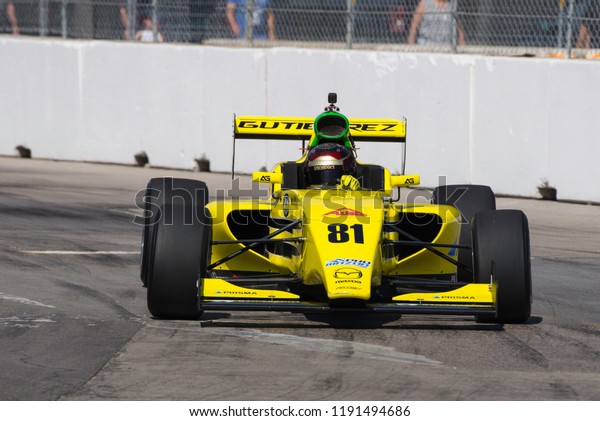 Toronto, Ontario, Canada - July 13 2018: Andres\
Gutierrez turning into Turn 8 in practice for the Pro-Mazda Grand\
Prix race at Exhibition\
Place