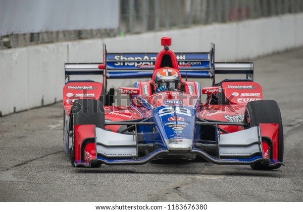 Toronto, Ontario, Canada - July 14, 2017: \
Alexander Rossi driving in the first day of practice for the Honda\
Indy race at Exhibition\
Place