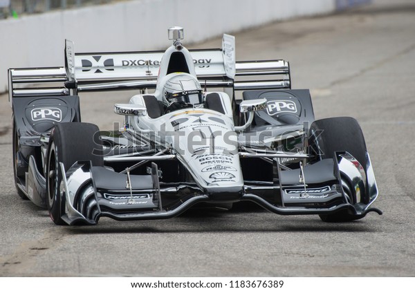 Toronto, Ontario, Canada - July 14, 2017:  Simon\
Pagenaud driving in the first day of practice for the Honda Indy\
race at Exhibition\
Place