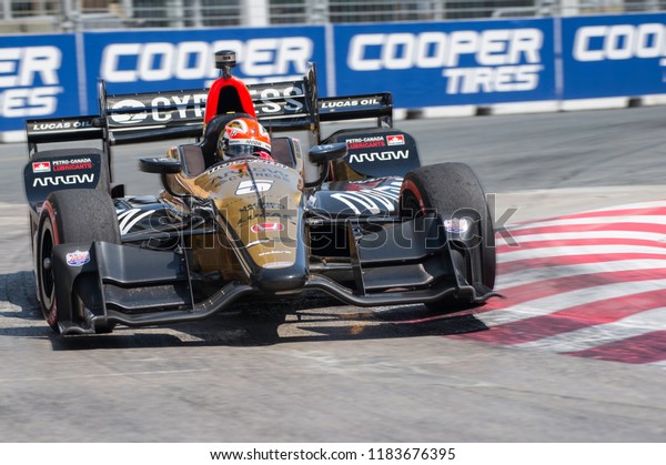 Toronto, Ontario, Canada - July 14, 2017:  James\
Hinchcliffe driving in the first day of practice for the Honda Indy\
race at Exhibition\
Place