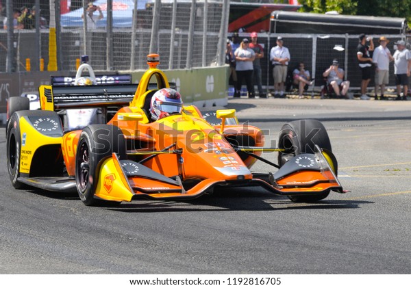 Toronto, Ontario,\
Canada - July 15 2018:  Zach Veach in the early stages of the Honda\
Indy race at Exhibition\
Place