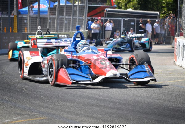 Toronto, Ontario,\
Canada - July 15 2018:  Tony Kanaan in the early stages of the\
Honda Indy race at Exhibition\
Place