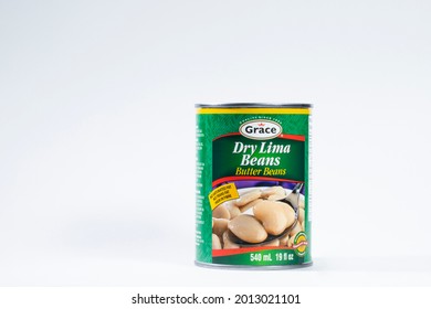 Toronto, Ontario, Canada - July 2021: A Can Of Lima Beans Isolated On White Background With Copy Space. Grace Brand Lima Beans.