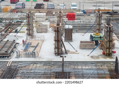 Toronto, Ontario, Canada - July 2022: A Large Square Footage Of A Commercial Building With Concrete Forms, Rebar, And Electrical Wires. The Foundation Of The Skyrise Building Was Built.