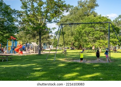 Toronto, Ontario, Canada - July 30 2021 : Kids Having Fun At Playground In The Toronto Islands Centre Island Park.