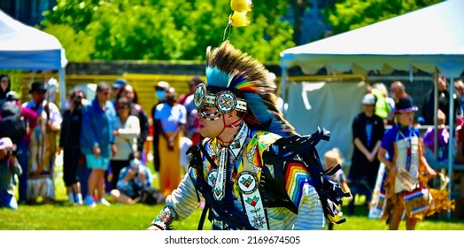 Toronto, Ontario, Canada - June 18, 2022: Indigenous Male Dancers At Indigenous Arts Pow Wow