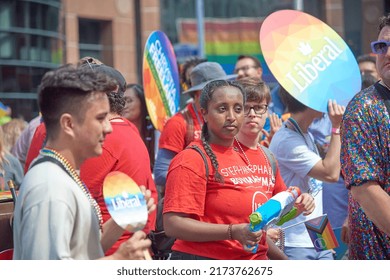 Toronto Ontario, Canada- June 26th, 2022: A Close Up Of The People Associated Wth The Liberal Party Of Canada Walking In Toronto’s Annual Pride Parade.