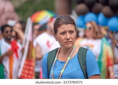 Toronto Ontario, Canada- June 26th, 2022: A Close Up Portrait Of A Lady At Toronto’s Annual Pride Parade.