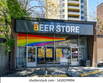 Toronto, Ontario, Canada - June 6, 2019: Toronto City Getting Ready To Pride Parade On Church Street. Festive Rainbow Flag Decoration On Beer Store Outside. 