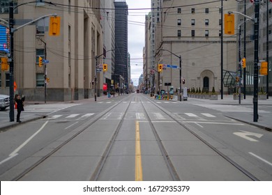 Toronto, Ontario, Canada - Mar 14, 2020: An Empty Bay St With The Covid Pandemic Happening.