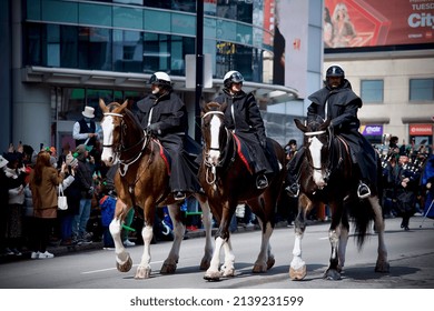 Toronto Ontario, Canada- March 20th, 2022: Toronto Police Service - Mounted Unit Parading At The Toronto’s St. Patrick’s Day Parade.