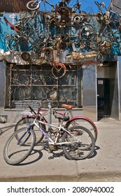 Toronto, Ontario  Canada - May 09, 2011: Bicycle Repairs Store Used Parts From Bicycle As Decoration Off Store Front.