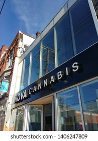 TORONTO, ONTARIO, CANADA - May 17 2019: NOVA Cannabis Dispensary Storefront On Queen Street Selling Legal Marijuana In Toronto.  