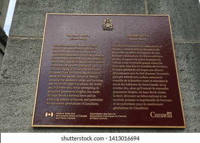 Toronto, Ontario, Canada: May 2019. Brock's Monument Information Signs At The Battle Of Queenston Heights Battlefield 