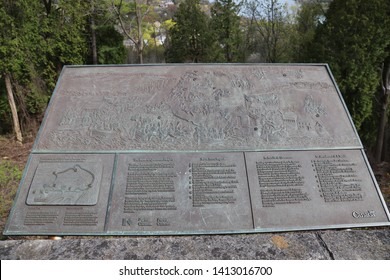 Toronto, Ontario, Canada: May 2019. Brock's Monument Information Signs At The Battle Of Queenston Heights Battlefield 